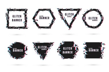 Distorsiyon etkisi ile geometrik şekil afiş - Glitch. Dijital teknoloji modern poster ve el ilanı şablonu. Beyaz arka planda yalıtılmış vektör çizimi