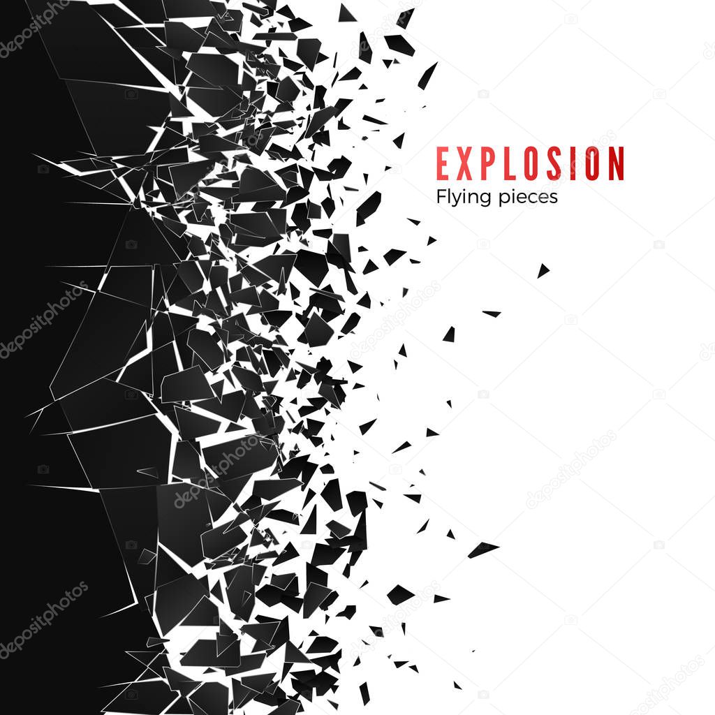 Abstract cloud of pieces and fragments after wall explosion. Shatter and destruction effect. Vector illustration