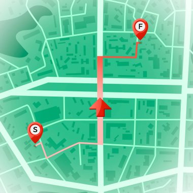 Soyut şehir haritası. Gps ve navigasyon konsepti. Başlangıç ve bitiş noktası ve asfalt rota. Şehir topografyası ile yazdırın. Şehir yerleşim bölgesi düzeni. vektör illüstrasyon