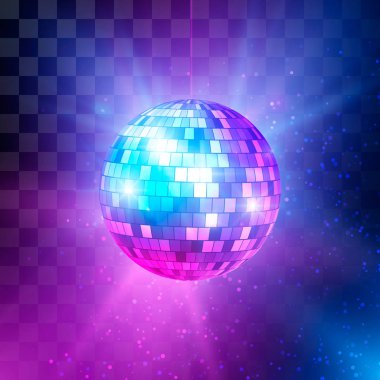 Parlak ışınları ve bokeh ile Disko topu. Müzik ve dans gecesi parti arka plan. Soyut gece kulübü retro arka plan 80s. Vektör çizimi
