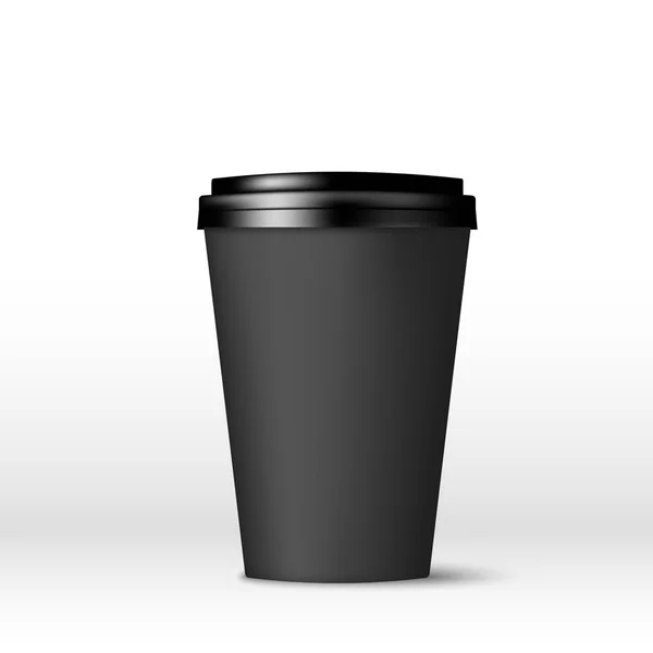 Tasse à café en papier noir avec couvercle. Café pour aller vider la maquette. Illustration vectorielle isolée sur fond blanc — Image vectorielle