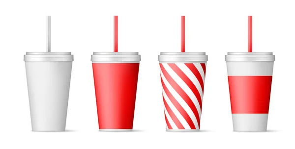 Set de vasos de papel para soda con paja. ilustración vectorial aislada sobre fondo blanco — Vector de stock