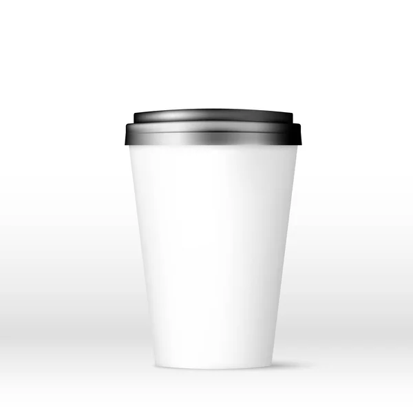 Gorra de café blanco con tapa negra se burlan. Plantilla de taza vacía con espacio para logotipo o texto. Ilustración vectorial aislada sobre fondo blanco — Vector de stock