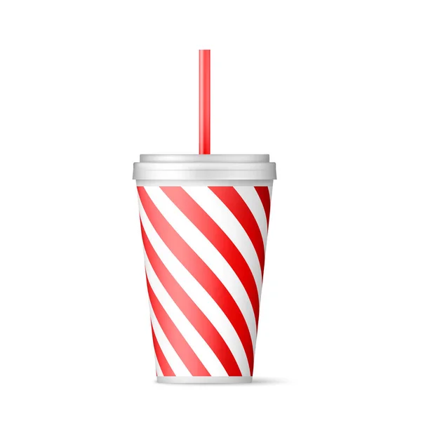 Realistic red striped paper cup for soda. vector illustration isolated on white background — Stock Vector