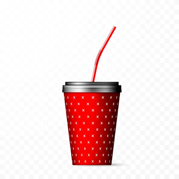 Coupe en papier rouge avec couvercle noir et paille rouge. Illustration vectorielle sur fond transparent — Image vectorielle