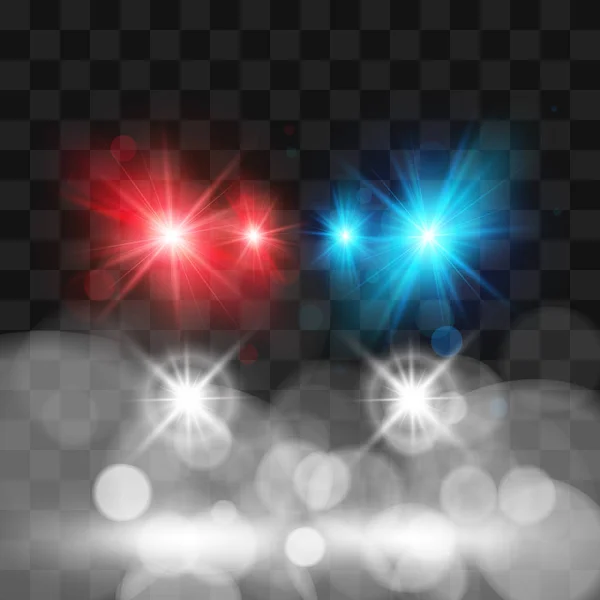 Siren警车模板。大灯和闪闪发光的红色和蓝色。在透明背景上隔离的矢量插图 — 图库矢量图片