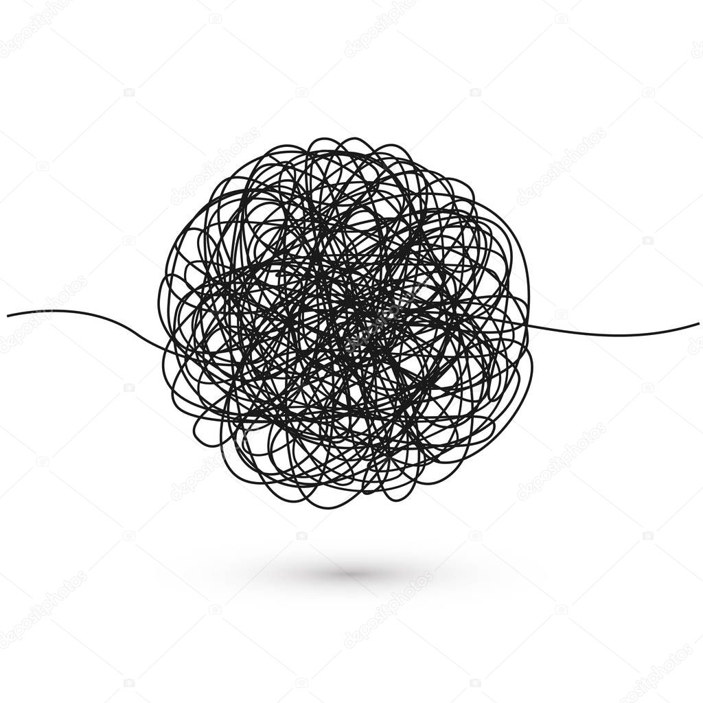 Hand drawn tangle of tangled thread. Sketch spherical abstract scribble shape. Chaotic black line doodle. Vector illustration 
