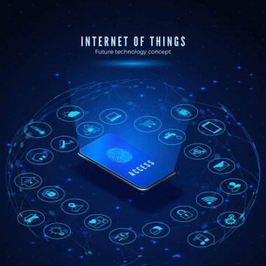 Nesnelerin Interneti kavramı. Iot izometrik afiş. Dijital küresel ekosistem. Akıllı sistemler akıllı telefon ile izleme ve kontrol etme. Vektör çizimi