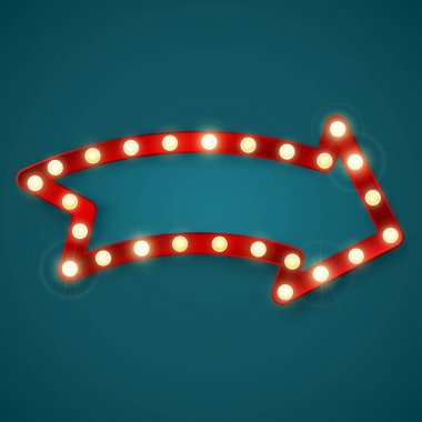 Retro parlayan ok afiş işareti. Vintage billboard veya parlak tabela. Vektör çizimi