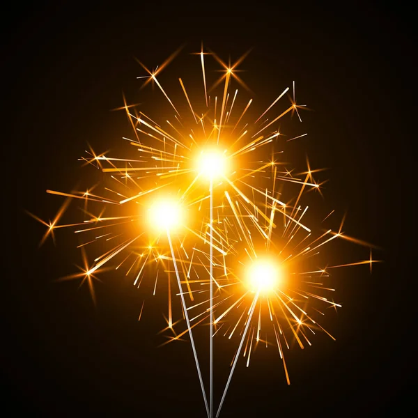 Bengalen vuur. Partij decor element. Magisch licht. Brandende glanzende Sparkler vuurwerk. Realistisch lichteffect. Vector illustratie geïsoleerd op zwarte achtergrond — Stockvector