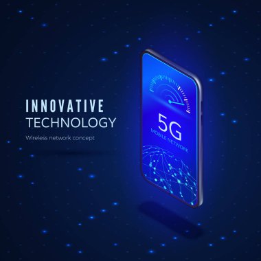 5g ağ yenilik teknolojisi afiş. Kablosuz sistemler ve internet. İletişim ağı. Internet hız göstergesi ve küresel ağ ile cep telefonu. Vektör çizimi