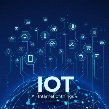 Nesnelerin interneti. Iot simgeler kavramı. Küresel ağ bağlantısı. Akıllı sistemleri izleme ve kontrol etme. Vektör çizimi
