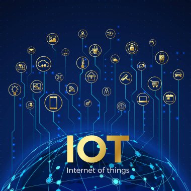 Iot kavramı. Nesnelerin interneti. Küresel ağ bağlantısı. Akıllı sistem simgelerini izleme ve kontrol etme. Vektör çizimi