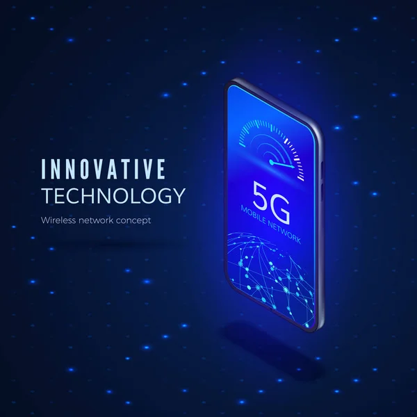 Banner de tecnologia de inovação de rede 5G. Sistemas sem fio e internet. Rede de comunicação. Telefone celular com indicador de velocidade da internet e rede global. Ilustração vetorial — Vetor de Stock