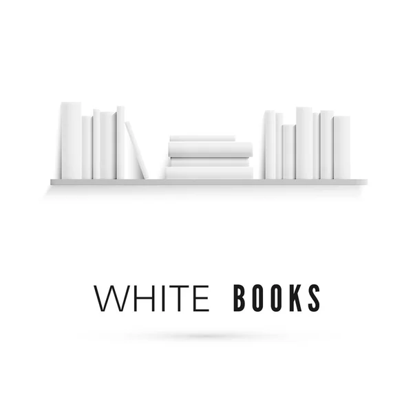 Mockup van boekenplank met blanco witte boeken op de muur. Realistische stapel papieren boeken. Vector illustratie — Stockvector
