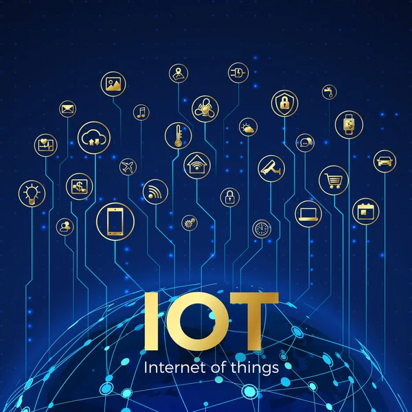 Conceito IOT. Internet das coisas. Conexão de rede global. Monitorar e controlar ícones de sistemas inteligentes. Ilustração vetorial — Vetor de Stock