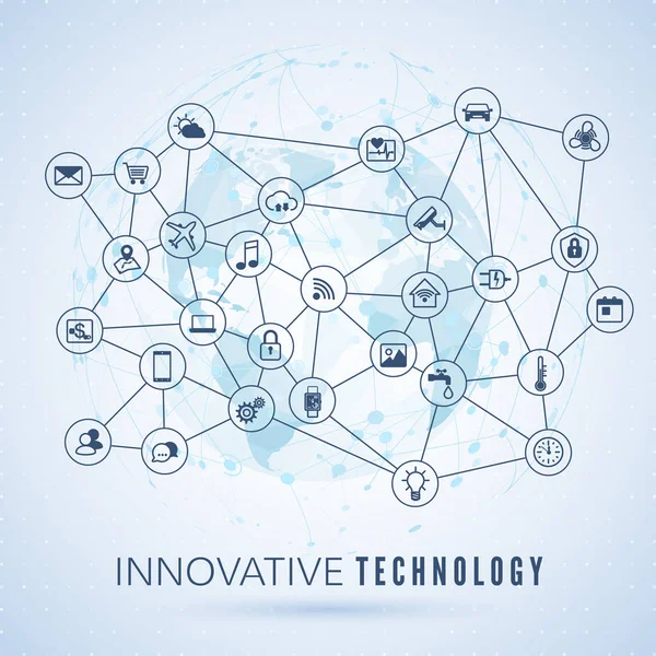 Internet des objets. Concept IOT. Connexion au réseau mondial. Surveillance et contrôle des icônes des systèmes intelligents sur fond de carte du globe. Illustration vectorielle — Image vectorielle