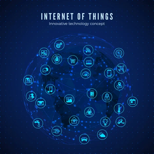 Sakernas Internet. IoT-konceptet. Globala nätverksanslutningen. Övervaka och kontrollera smarta system ikoner på globala nätverk och kart bakgrund. Vektor illustration — Stock vektor