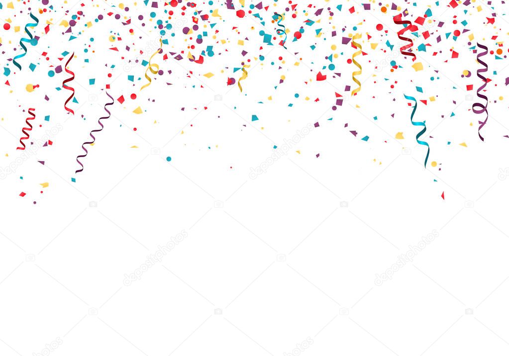 Celebration or festival colorful background template with falling paper confetti and ribbons. Vector illustration isolated on white background