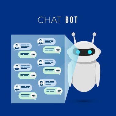Chatbot konsepti. Robot, kullanıcılardan gelen mesajlarla bir ekran projeleri ve soruları yanıtlayarak onlarla birlikte iletişim emreder. Vektör çizimi