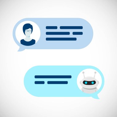Chatbot robot konsepti. İletişim yardım hizmeti. Kullanıcı ve bot konuşma mesajları. Vektör çizimi 