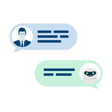 Chatbot robot konsepti. İletişim yardım hizmeti. Kullanıcı soru sormak ve bot cevap vermek. Beyaz arka planda yalıtılmış vektör çizimi