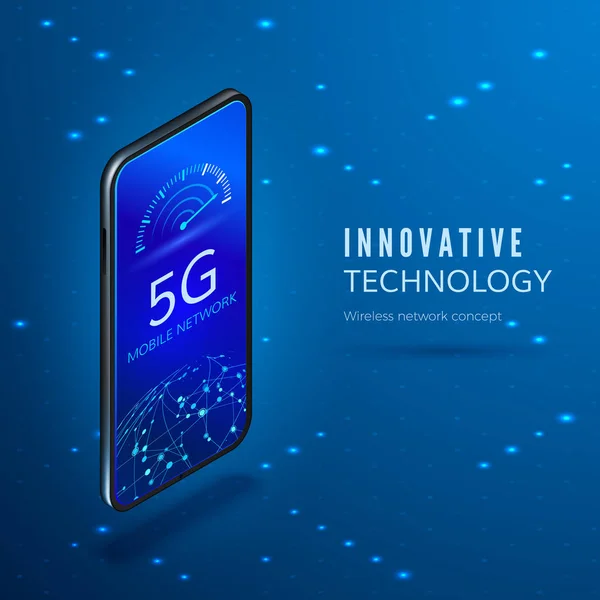 Conceito 5G. Banner isométrico de rede sem fio móvel de quinta geração. Smartphone com seta movendo-se para o máximo na escala de taxa de transferência de dados. Ilustração vetorial — Vetor de Stock