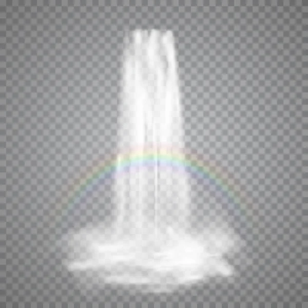 Corriente realista de la naturaleza de la cascada con arco iris de agua clara y niebla. Ilustración vectorial aislada sobre fondo transparente — Vector de stock