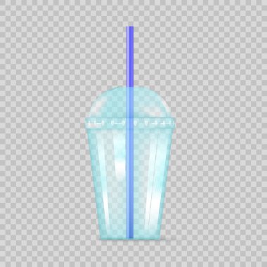 Soda veya kokteyl için şeffaf mavi plastik boş fincan. Parti tek kullanımlık fincan. Saydam arka planda yalıtılmış vektör çizimi