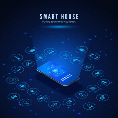 Akıllı Ev Konsepti. Ekran ve Simgeler Seti House Circuit Siluet ile Smartphone. Akıllı Ev İzleme ve Kontrol Sistemleri. Vektör İllüstrasyonu