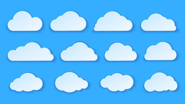 Nubes de papel abstractas establecidas. Diseño de nubes de papel sobre fondo azul. Ilustración vectorial — Archivo Imágenes Vectoriales