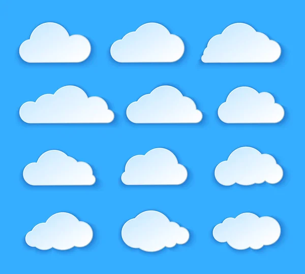 Abstracte papier wolken instellen. Wit papier wolken ontwerp op blauwe achtergrond. Vector illustratie — Stockvector