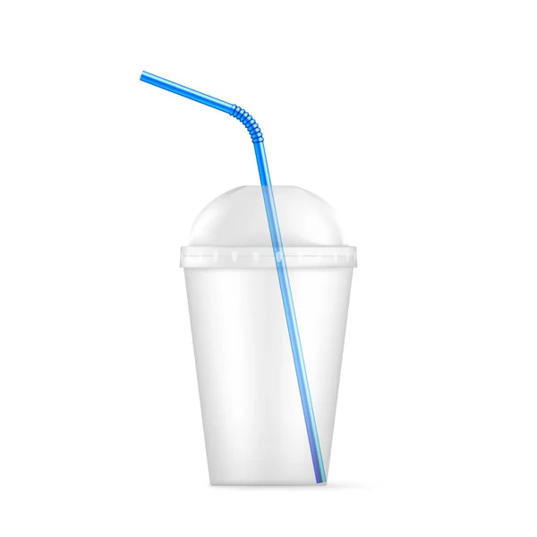 Прозрачная пластиковая одноразовая чашка с голубой соломой. Векторная иллюстрация на белом фоне — стоковый вектор