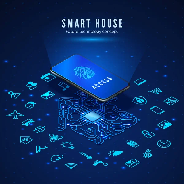 Smart House Konzept. Smartphone mit Fingerabdruck auf dem Bildschirm und eingestellten Symbolen. Smart-Home-Überwachungs- und Kontrollsysteme. Vektorillustration — Stockvektor
