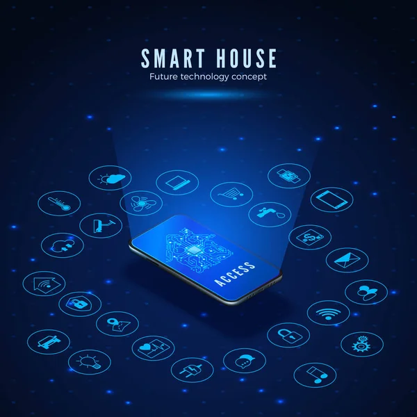 Smart House Concept. Smartphone con Silueta de Circuito de Casa en Pantalla y Set de Iconos. Sistemas inteligentes de monitoreo y control del hogar. Ilustración vectorial — Archivo Imágenes Vectoriales