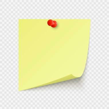 Sarı ofis etiketi. Mesaj ya da mesaj için yeri var. Duvara iğneler saplanmış. Vektör illüstrasyonu şeffaf arkaplanda izole edildi