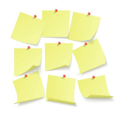 Duvara neeples tarafından ekli metin için boşluk ile sarı ofis çıkartmaları kümesi. Beyaz arka planda yalıtılmış vektör çizimi