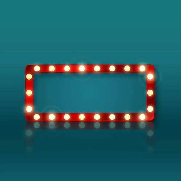 Ретро прямоугольный баннер с красной рамкой и светящимися лампочками. Красочный винтажный рекламный щит с местом для текста и рефлексии. Векторная иллюстрация — стоковый вектор
