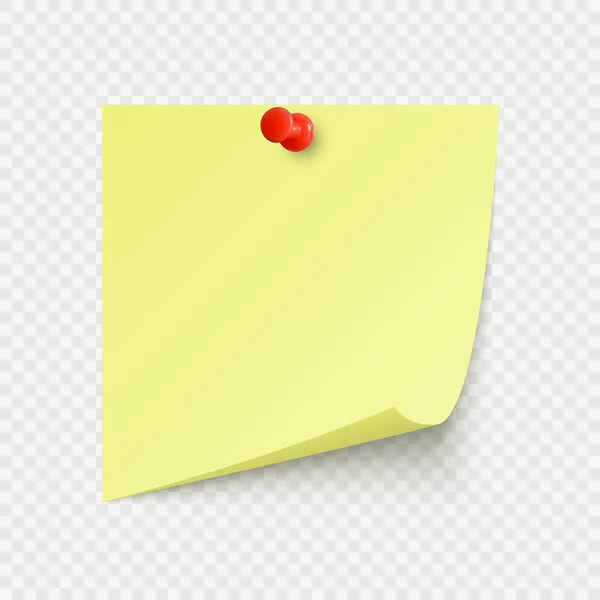 Pegatina amarilla de oficina con espacio para texto o mensaje pegado por las agujas a la pared. Ilustración vectorial aislada sobre fondo transparente — Vector de stock
