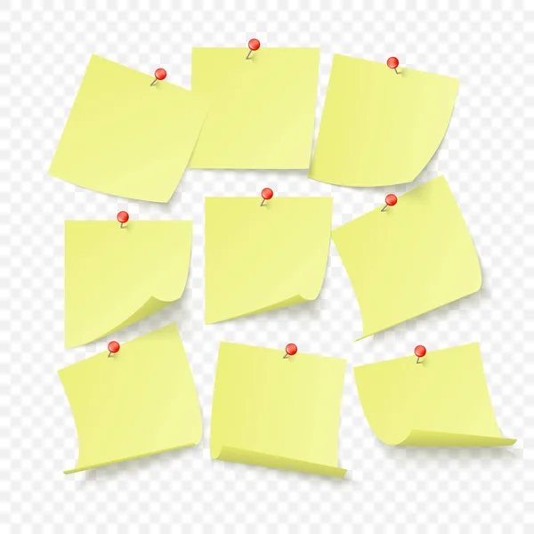 一组黄色办公室贴纸,带有文本或消息的空间,这些贴纸被内卡在墙上。在透明背景上隔离的矢量插图 — 图库矢量图片