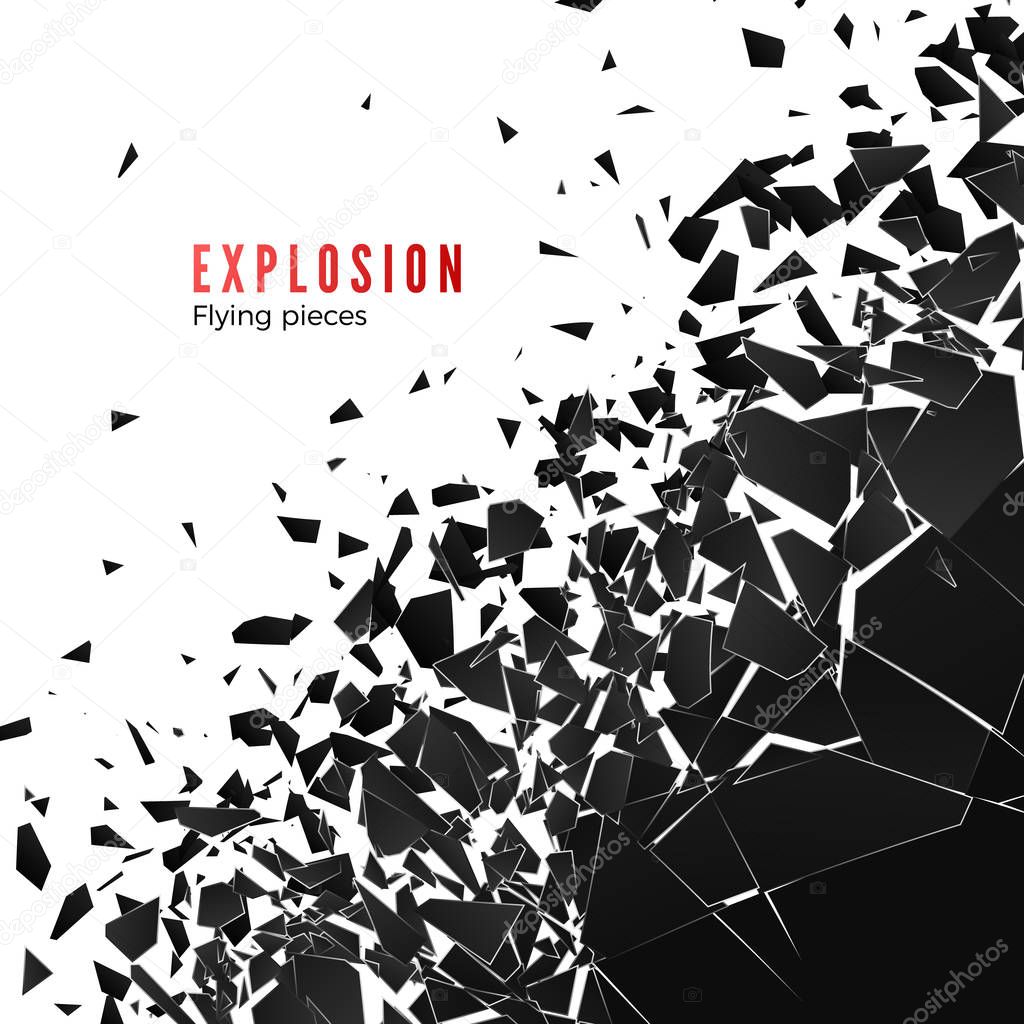 Abstract cloud of pieces and fragments after wall explosion. Shatter and destruction effect. Vector illustration isolated on white background
