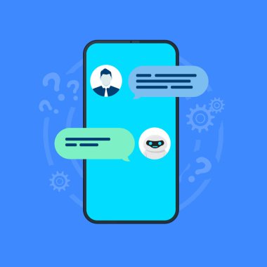 Chatbot illüstrasyon. Akıllı telefon kullanıcı ve robot ile ekranda sohbet. Vektör
