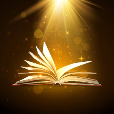 Kahverengi renklerde parlayan sayfaları ile açık kitap. Sihirli ışık parıltıları ve yıldızile Fantezi kitap. Vektör çizimi