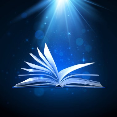 Mavi arka plan üzerine sihirli bir kitap açın. Fantezi ışık ve Parıltılar. Vektör çizimi