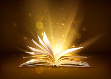 Parlak sayfaları ile Gizem açık kitap. Sihirli ışık parıltıları ve yıldızile Fantezi kitap. Vektör çizimi