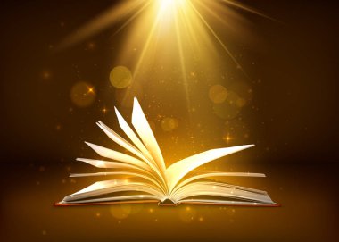 Kahverengi renklerde parlayan sayfaları ile Gizem açık kitap. Sihirli ışık parıltıları ve yıldızile Fantezi kitap. Vektör çizimi