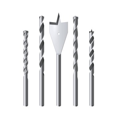 Beyaz arka planda izole edilmiş gerçekçi çelik Matkap Uçları Vektör illüstrasyon seti