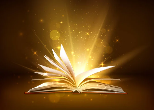 Záhadná otevřená kniha s leskly se stránkami. Kniha fantazie s kouzelnou světelnou září a hvězdami. Vektorová ilustrace — Stockový vektor