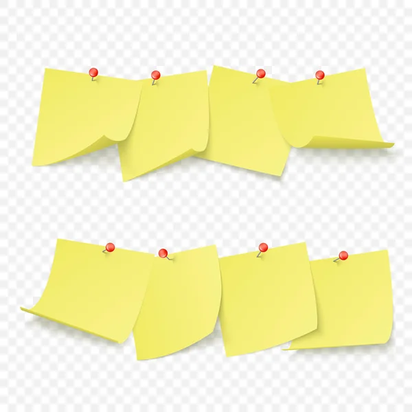 Tablero de recordatorio con pegatinas amarillas vacías unidas con alfileres rojos. Ilustración vectorial aislada sobre fondo transparente — Vector de stock