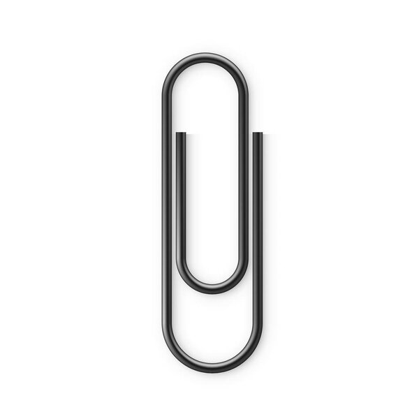 Black Paperclip icon. Realistic Paper clip attachment with shadow. Attach file business document. Vector illustration isolated on white background